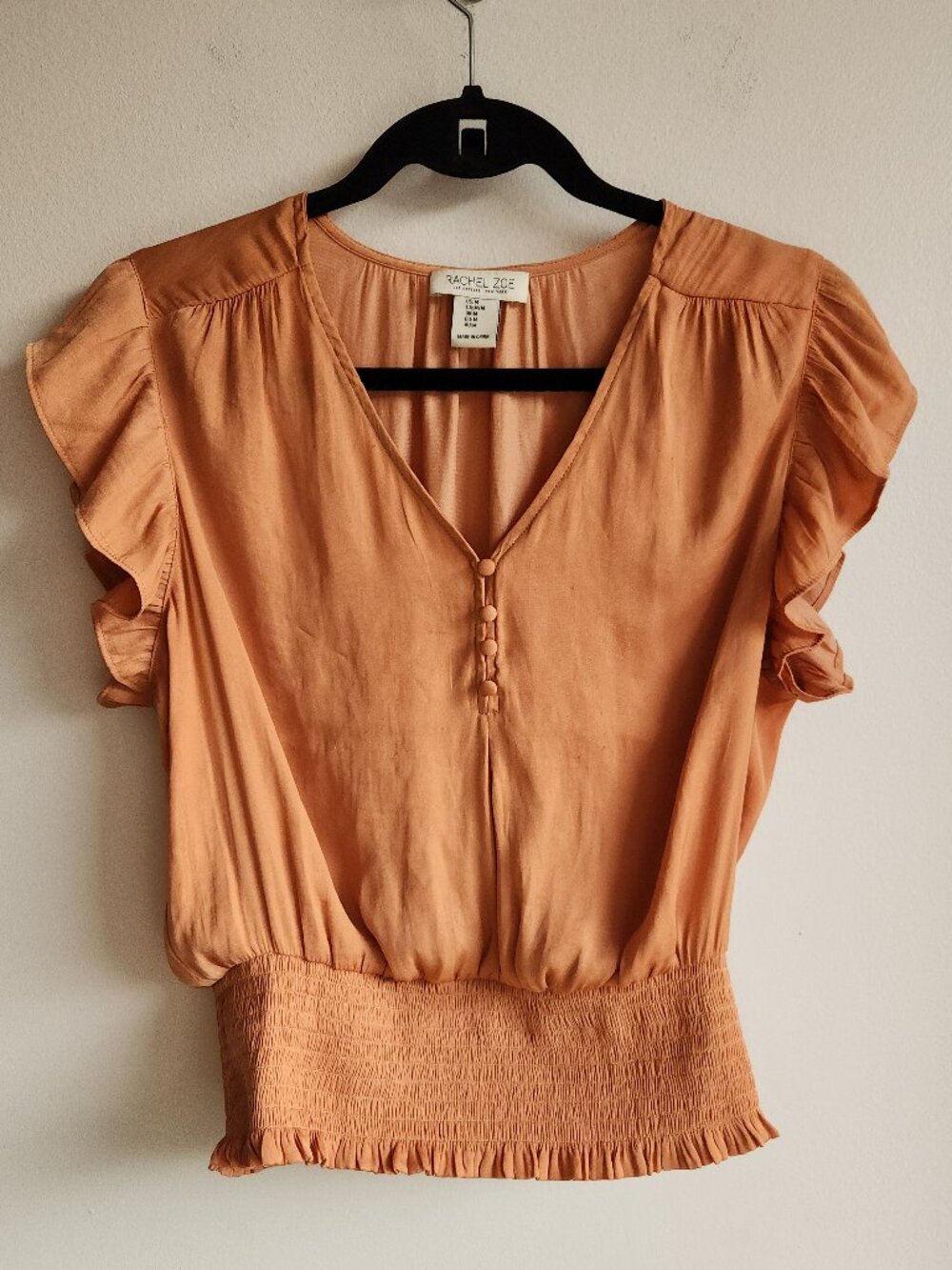 Rachel Zoe Apricot Silky Flutter Sleeve Smocked Blouse - M